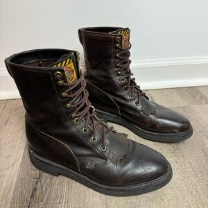 Justin Work Boots Brown Leather 760 Lace Up Size 8 Made in USA Round Toe